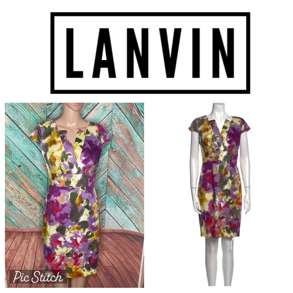 Lanvin Watercolor Print Cotton Blend Cap Sleeve Midi Dress